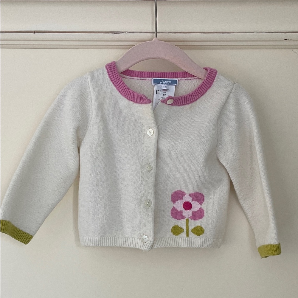 JACADI White & Pink Cashmere Cardigan with Flower Design - 12 Months